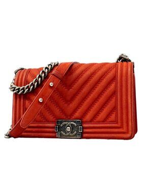 Chanel Shoulder Bag Boy Stitch Leather Red Silver